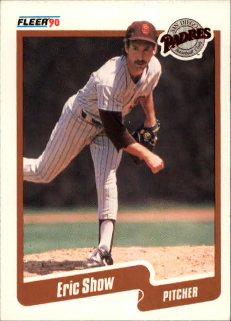 1990 Fleer #169 Eric Show baseball card of San Diego Padres pitcher mid-delivery