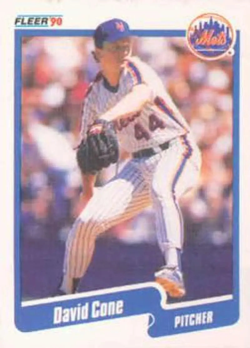 Baseball card of David Cone in white pinstriped uniform for New York Mets