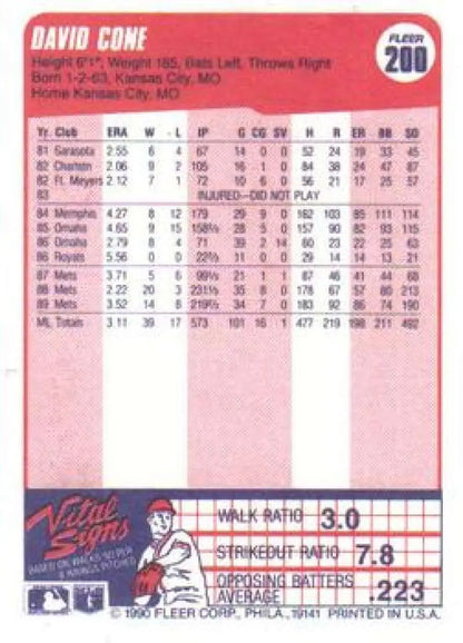 David Cone New York Mets Baseball Card from Veno Stars series showing player stats