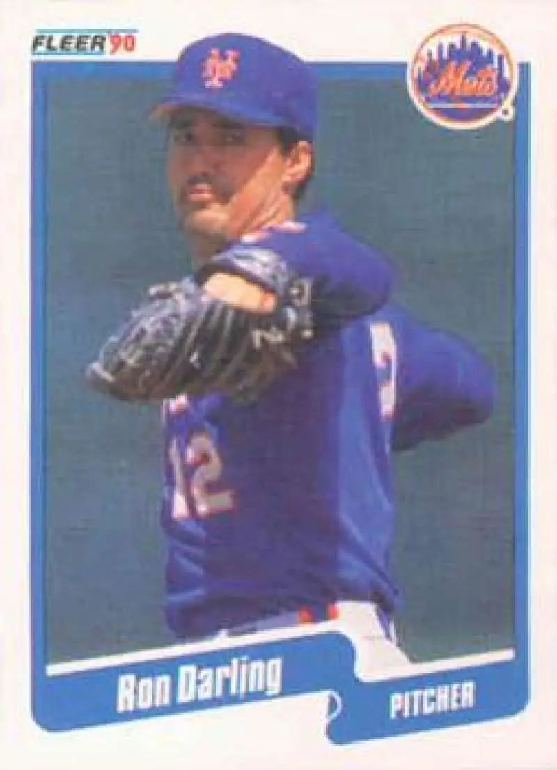 Baseball card of Ron Darling in blue uniform for New York Mets mid-throwing motion