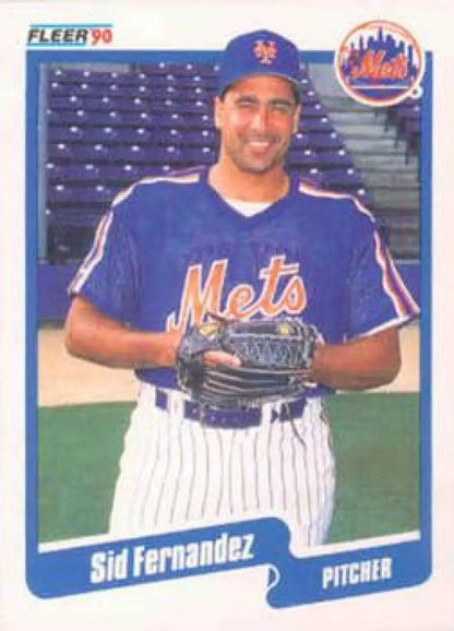 1990 Fleer Sid Fernandez card of New York Mets pitcher in blue pinstriped jersey