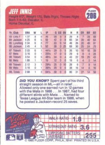 Baseball card featuring Jeff Innis statistics for New York Mets rookie 1990 Fleer #206