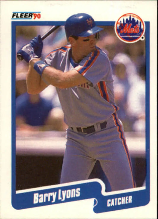 1990 Fleer Barry Lyons UER baseball card featuring New York Mets catcher batting stance