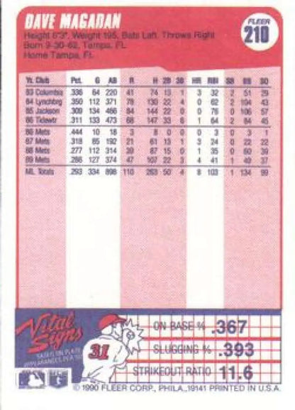 1990 Fleer Dave Magadan New York Mets Baseball Card with player statistics on pink background