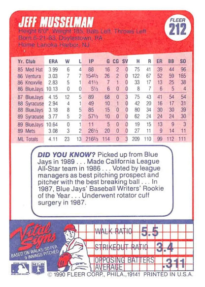 Jeff Musselman baseball card displaying statistics for New York Mets player