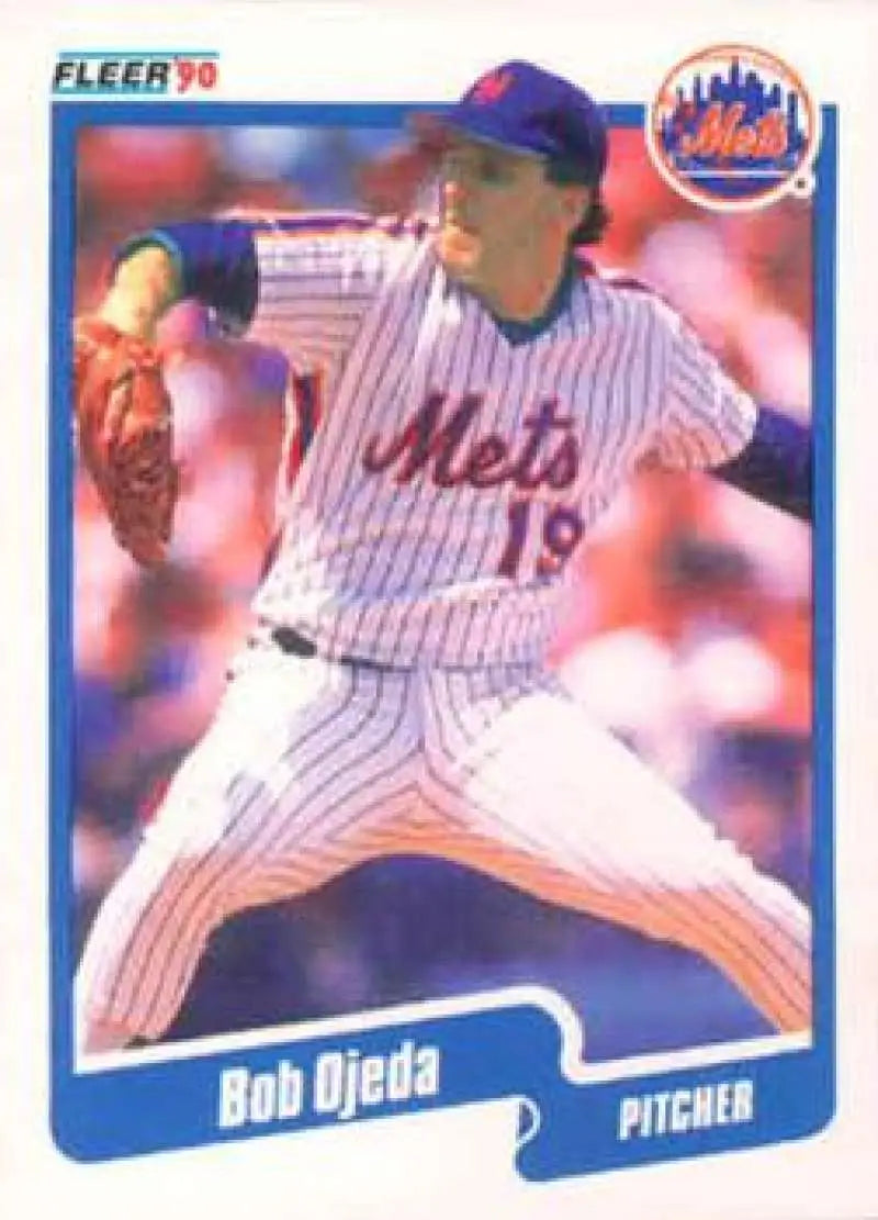 Baseball card of Bob Ojeda pitching for New York Mets in pinstriped uniform