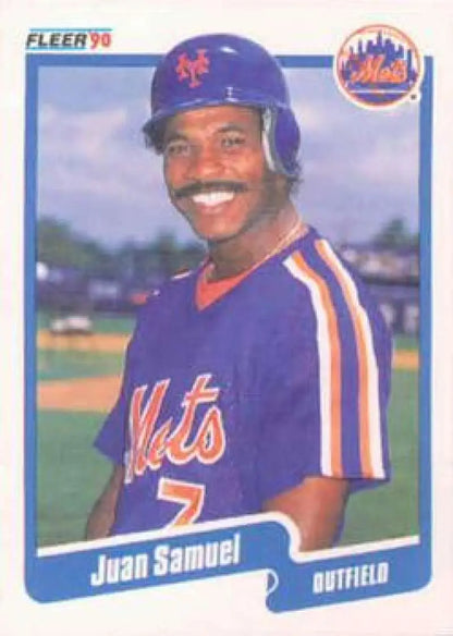 New York Mets baseball card of Juan Samuel in jersey #7 with blue helmet