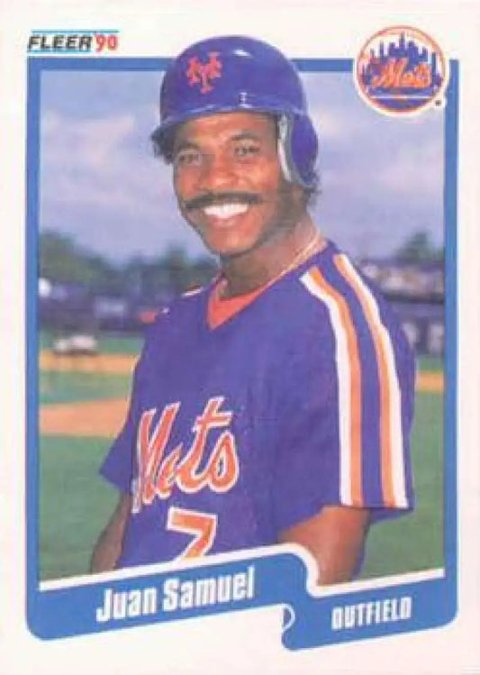 New York Mets baseball card of Juan Samuel in jersey #7 with blue helmet