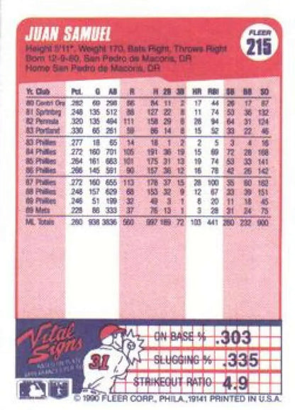 Baseball card featuring Juan Samuel statistics on pink background for New York Mets