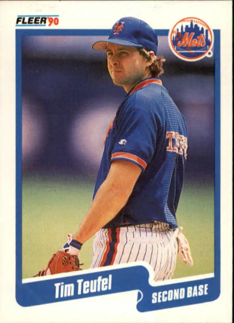 1990 Fleer Tim Teufel baseball card featuring New York Mets second baseman in blue uniform