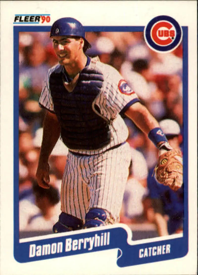 1990 Fleer Damon Berryhill Baseball Card featuring Chicago Cubs catcher in pinstripes