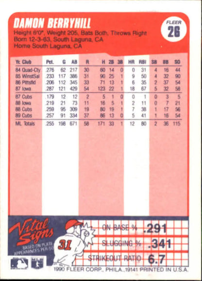 1990 Fleer Damon Berryhill Chicago Cubs baseball card with player statistics in red and white