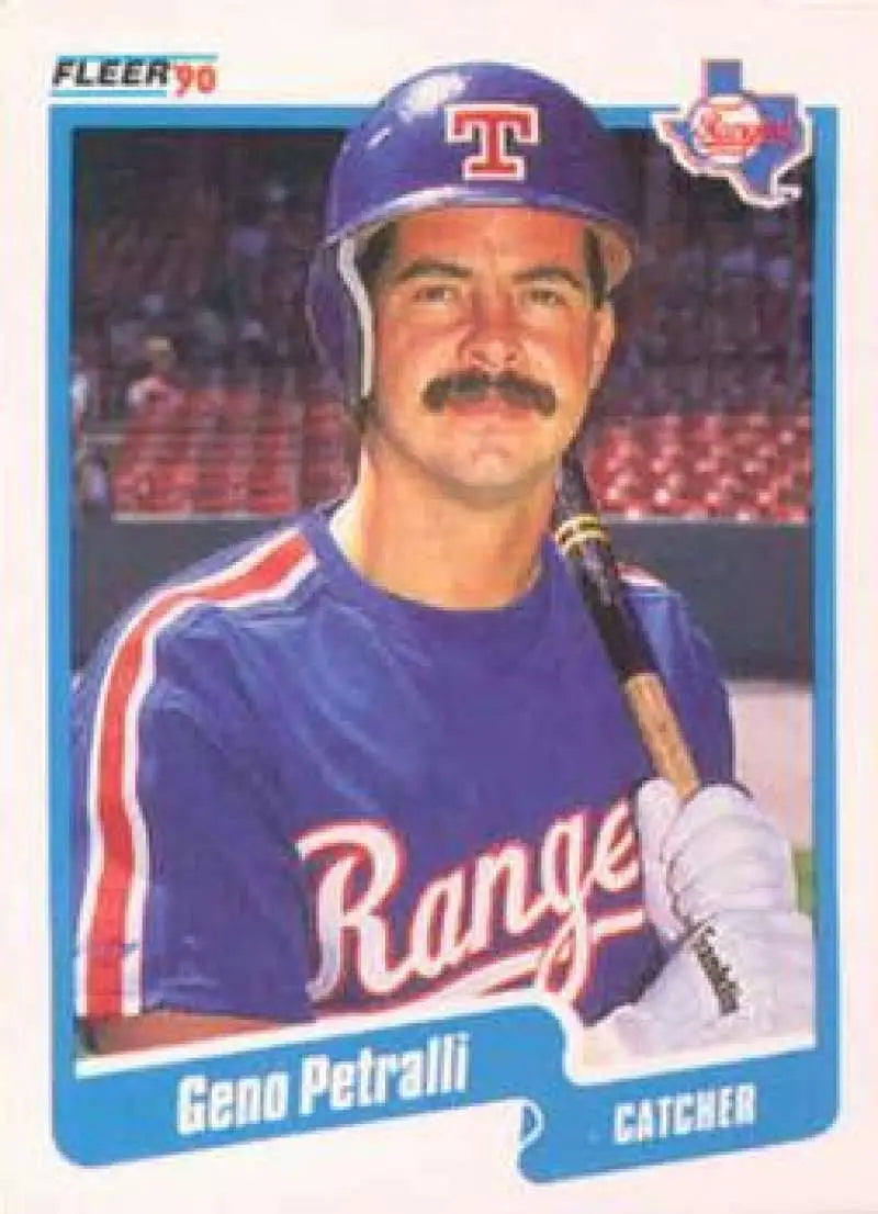 Texas Rangers Geno Petralli baseball card in blue uniform with bat, 1990 Fleer #309