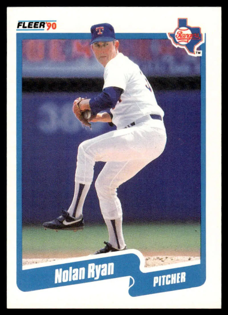 1990 Fleer Nolan Ryan Texas Rangers Baseball Card featuring a pitcher in white and blue