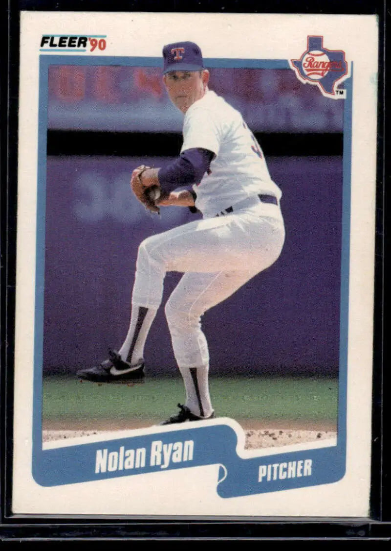 1990 Fleer Nolan Ryan Texas Rangers Baseball Card with pitcher mid-delivery action