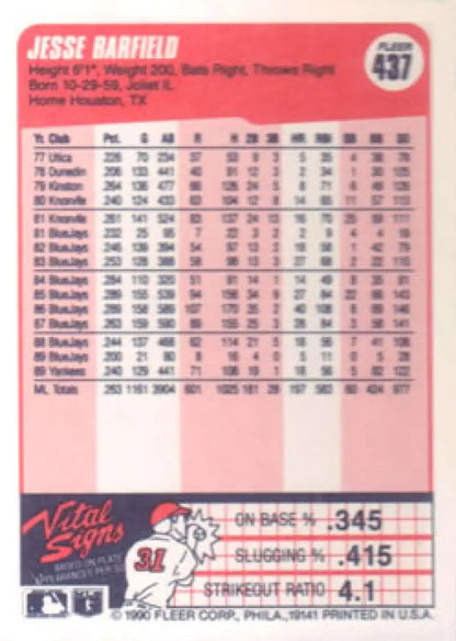 Jesse Barfield baseball card with player stats on a pink background for New York Yankees