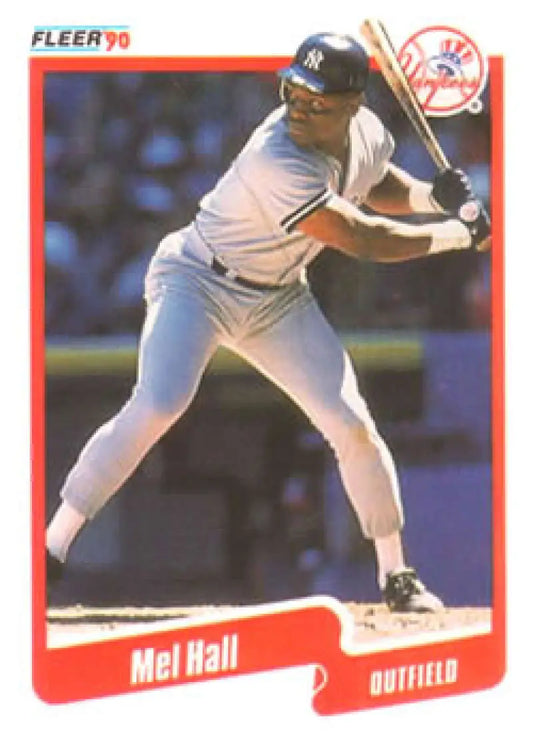 Mel Hall at bat in white uniform on 1990 Fleer New York Yankees baseball card