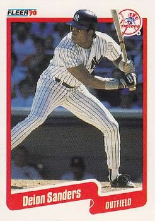 1990 Fleer Deion Sanders baseball card showing Yankees outfielder in pinstripe uniform