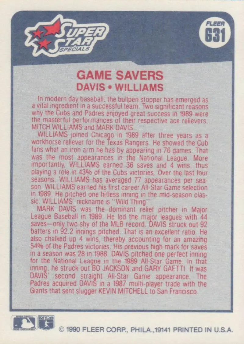 1990 Fleer #631 Mark Davis and Mitch Williams Game Savers Baseball Card San Diego Padres