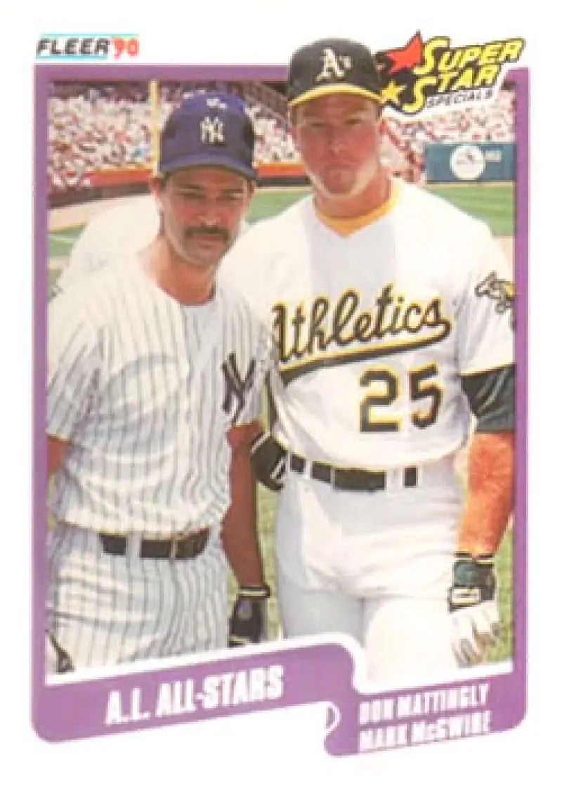 Don Mattingly and Mark McGwire baseball card from 1990 Fleer featuring Yankees and Athletics