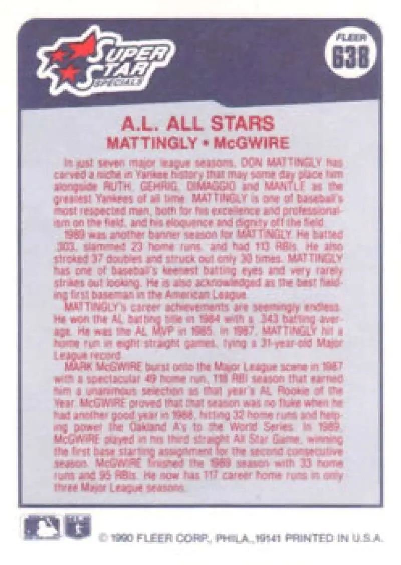 Baseball card featuring Don Mattingly and Mark McGwire A.L. All-Stars statistics