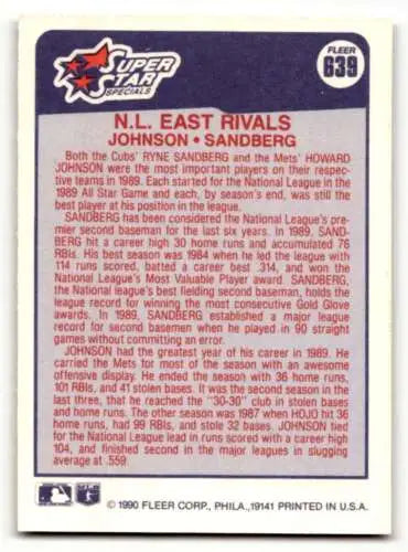 Baseball card back of 1990 Fleer #639 Howard Johnson and Ryne Sandberg SSS, original gloss