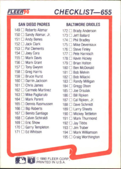 Baseball card checklist featuring San Diego Padres and Baltimore Orioles player names