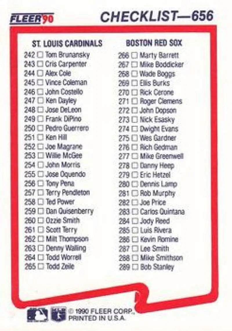 Baseball card checklist featuring player numbers for Boston Red Sox and St. Louis Cardinals