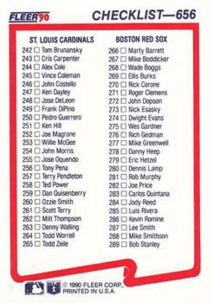 Baseball card checklist featuring player numbers for Boston Red Sox and St. Louis Cardinals