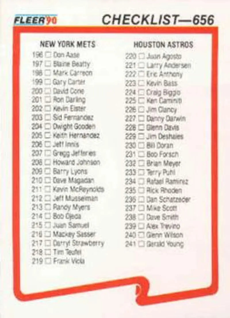 Baseball card checklist featuring New York Mets and Houston Astros players, Red Sox included