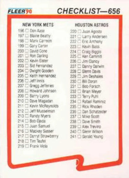 Baseball card checklist featuring New York Mets and Houston Astros players, Red Sox included