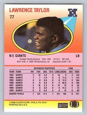 Lawrence Taylor trading card 1990 Fleer #77 showcasing the legendary linebacker