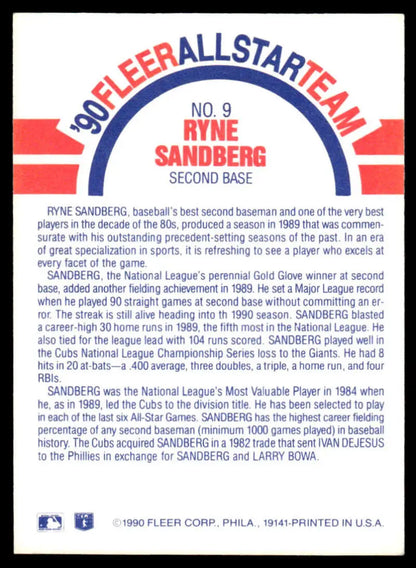 Ryne Sandberg Chicago Cubs Baseball Card No. 9 from the 1990 Fleer All-Star Team set