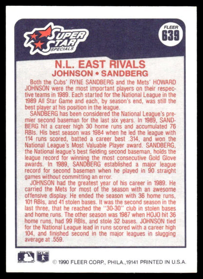 Baseball card featuring Johnson Sandberg SSS from Mets Cubs rivalry 1990 Fleer Canadian