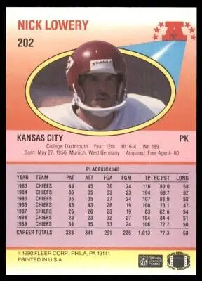 Nick Lowery Kansas City Chiefs 1990 Fleer football card with text-align center design