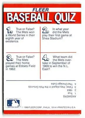 Fleer baseball quiz card from 1990 New York Mets Action Series Team Stickers