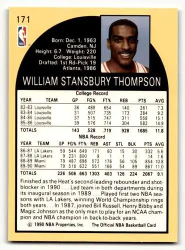 William Stansbury Thompson basketball card from 1990 Hoops featuring Billy Thompson Miami Heat