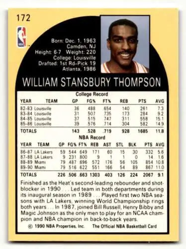 William Stansbury Thompson basketball card from 1990 Hoops featuring original gloss, Miami Heat