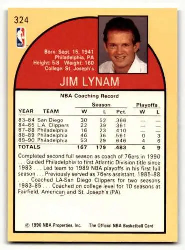 Jim Lynam Philadelphia 76ers basketball card original gloss 1990 Hoops #324