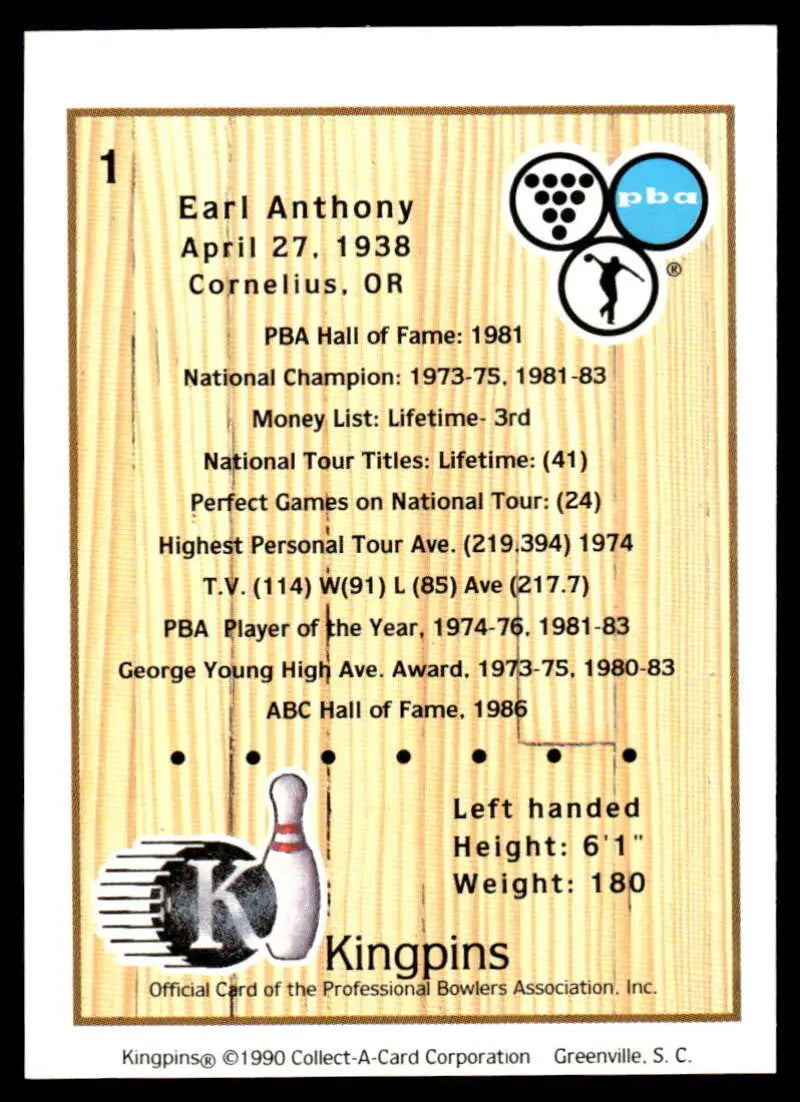 Bowling trading card of Earl Anthony showcasing PBA career statistics and achievements