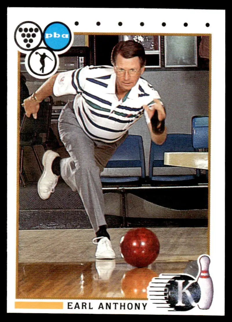 Earl Anthony in a striped polo shirt releasing a bowling ball on PBA bowling card