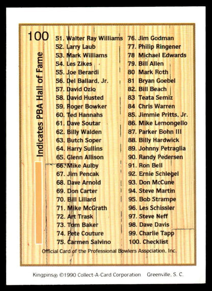 Numbered list of PBA bowlers 51-100 on a vintage PBA bowling card trading card