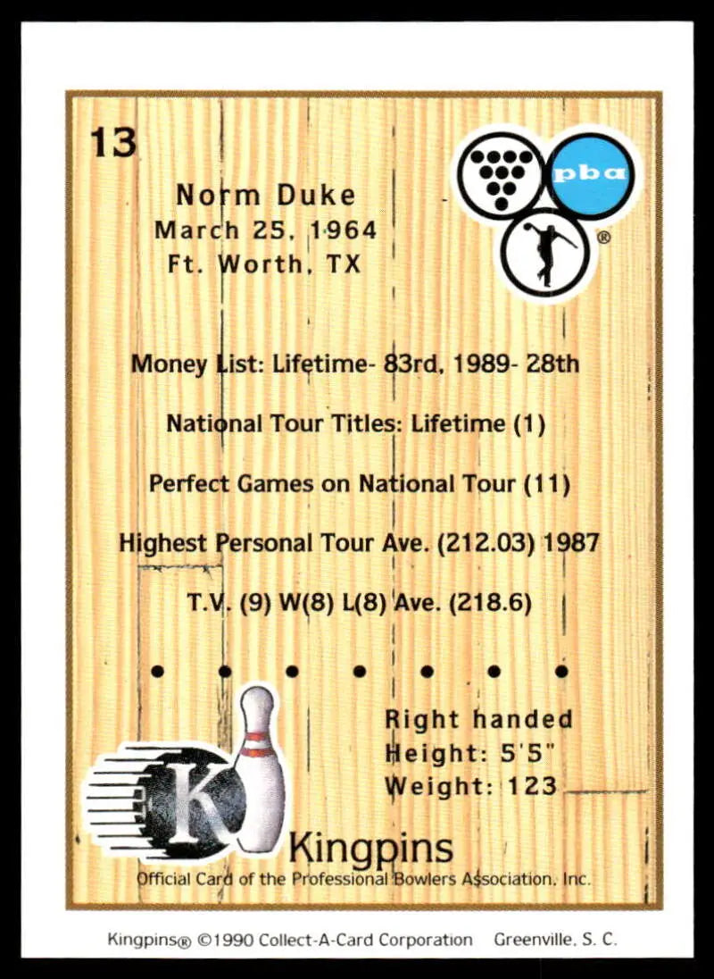 Norm Duke career statistics and achievements 1964-1989 on 1990 PBA Bowling Card