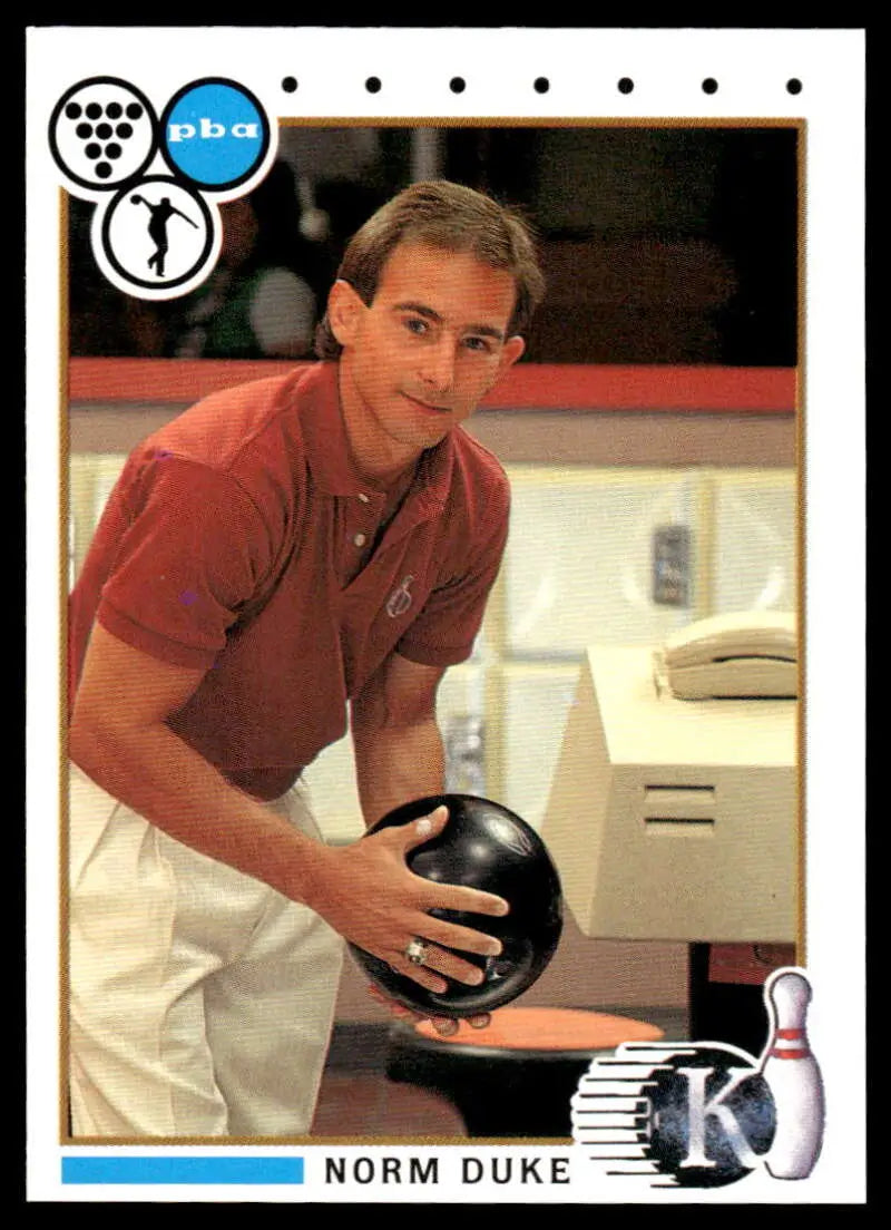 Professional bowler Norm Duke in a red polo shirt with a bowling ball for PBA Bowling Card