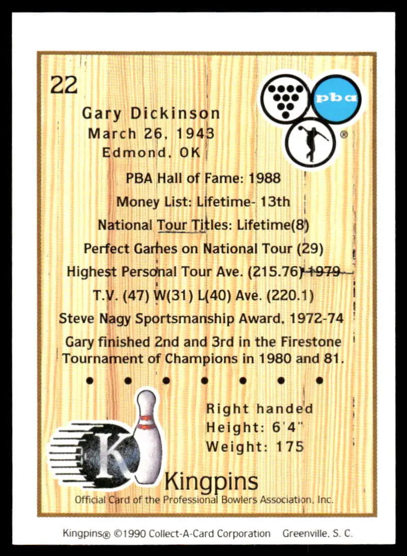 Trading card showcasing Gary Dickinson’s PBA bowling career stats and achievements