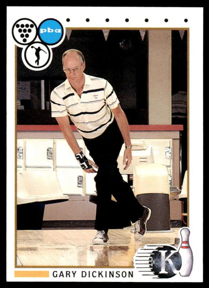 Professional bowler Gary Dickinson mid-delivery on a bowling lane in PBA Bowling Card