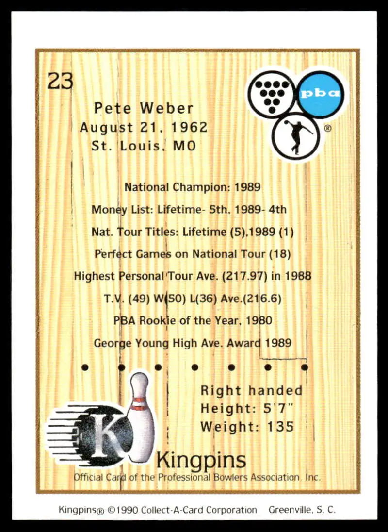 Bowling-themed trading card featuring Pete Weber’s 1989 PBA statistics and achievements