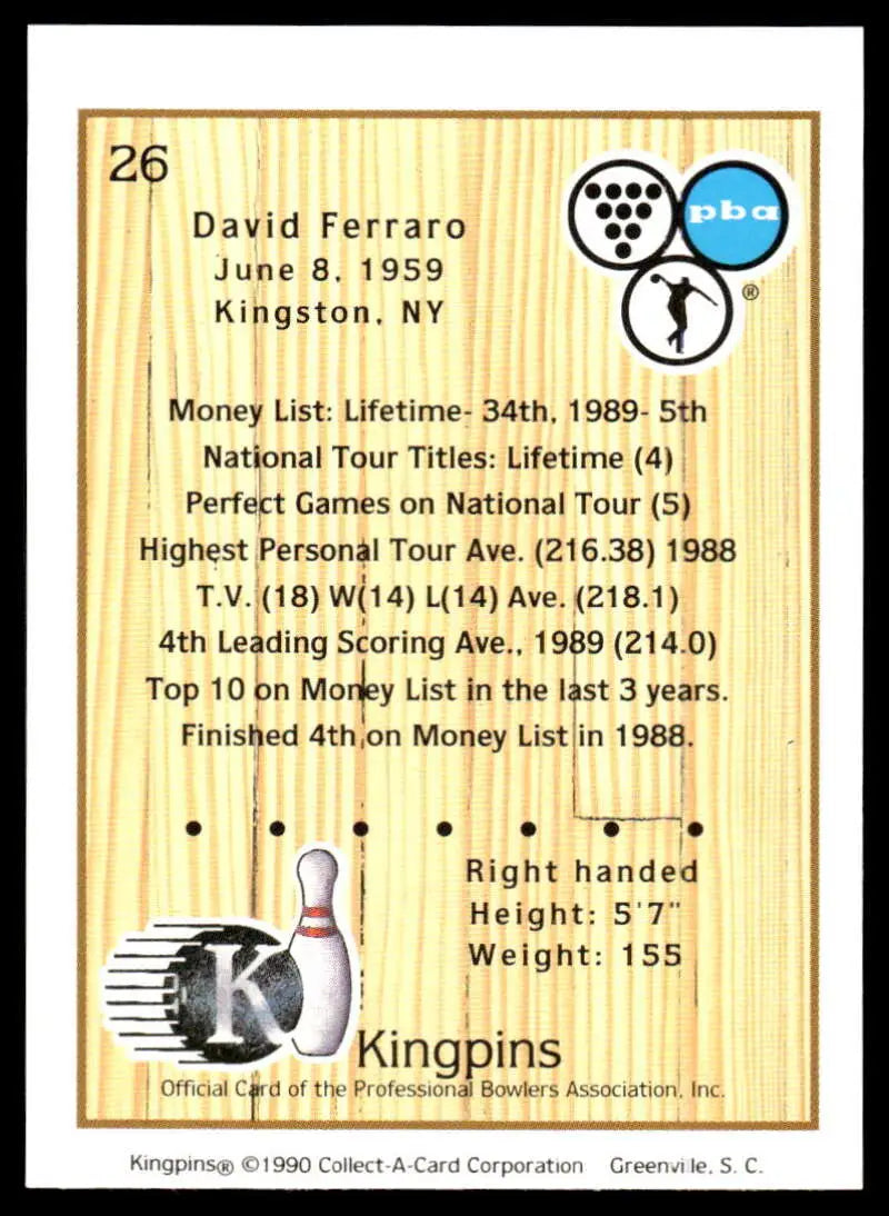 Bowling-themed trading card of David Ferraro with PBA career statistics and info