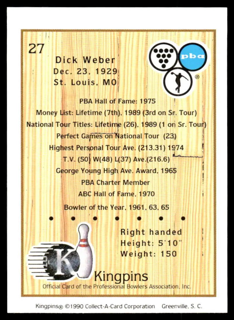 Vintage PBA Bowling Card featuring Dick Weber’s career statistics and achievements