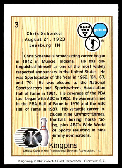 Chris Schenkel biographical trading card from 1990 Kingpins PBA bowling collection